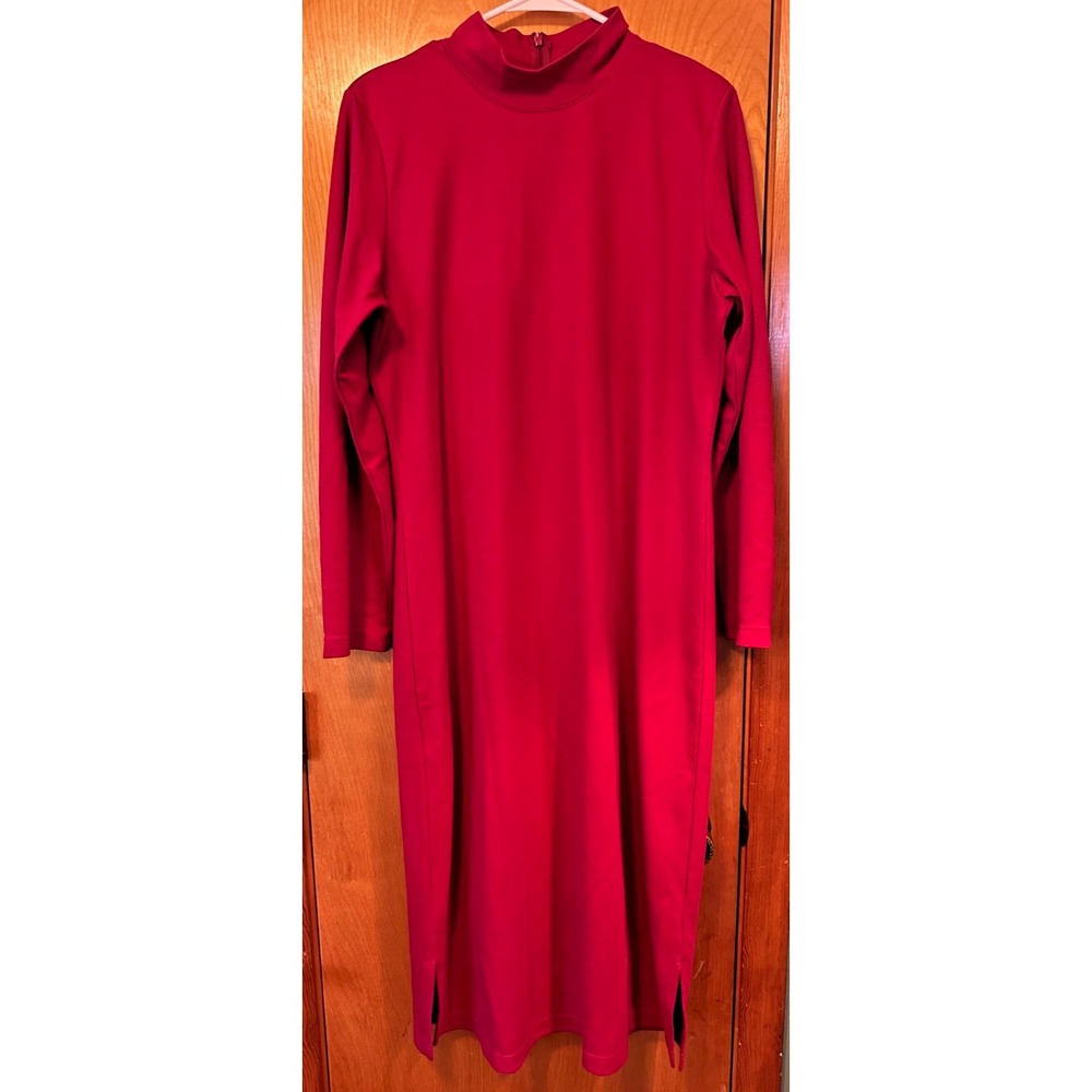 Appleseeds Solid Red Mock Turtleneck Long Sleeve Back Zipper Midi Dress Large - Picture 1 of 4